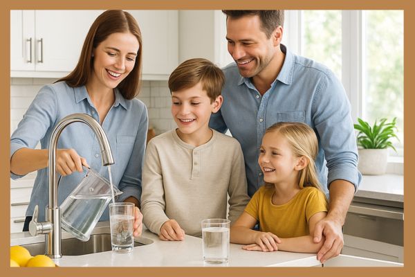 A smiling family in a bright modern kitchen pouring crystal-clear water from a faucet connected to an Apex home water filtration system under the sink

