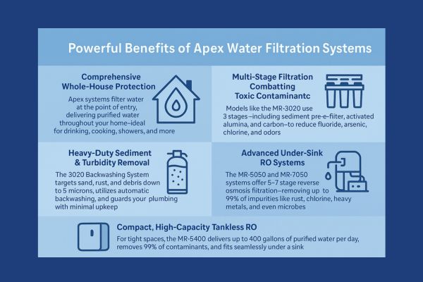 Powerful Benefits of the Apex Water Filtration System Infographic showing the powerful benefits of the Apex water filtration system, including whole-house protection, multi-stage filtration, sediment removal, reverse osmosis systems, and compact high-capacity RO solutions