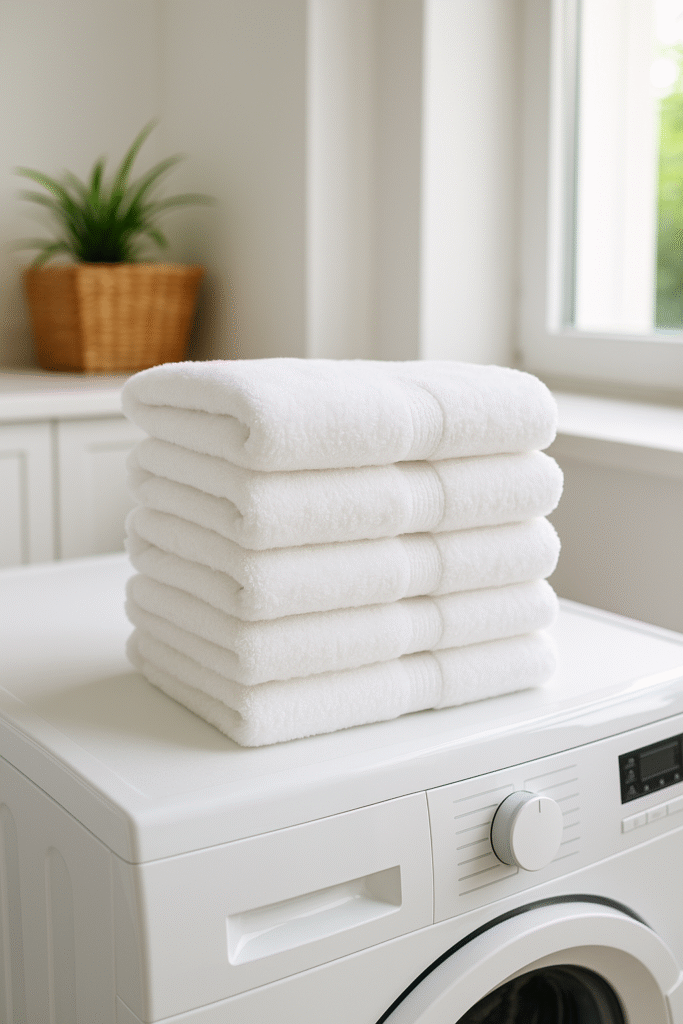 A stack of soft, fluffy towels in a bright laundry room, showing the benefits of a home water softener system.